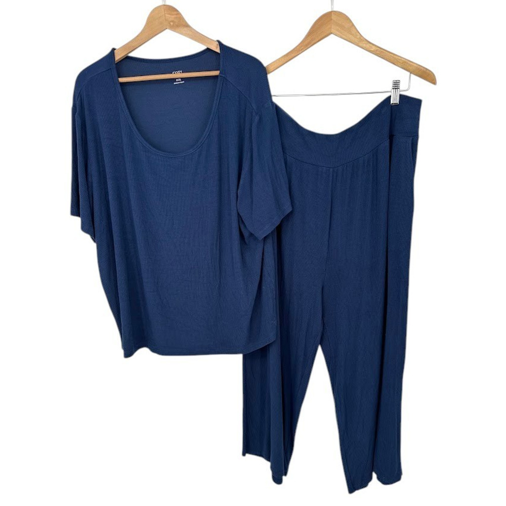 Cozy Earth Pajama Set Rib Bamboo Top Crop Pants 2 PC Size XXXL Navy Blue Lounge